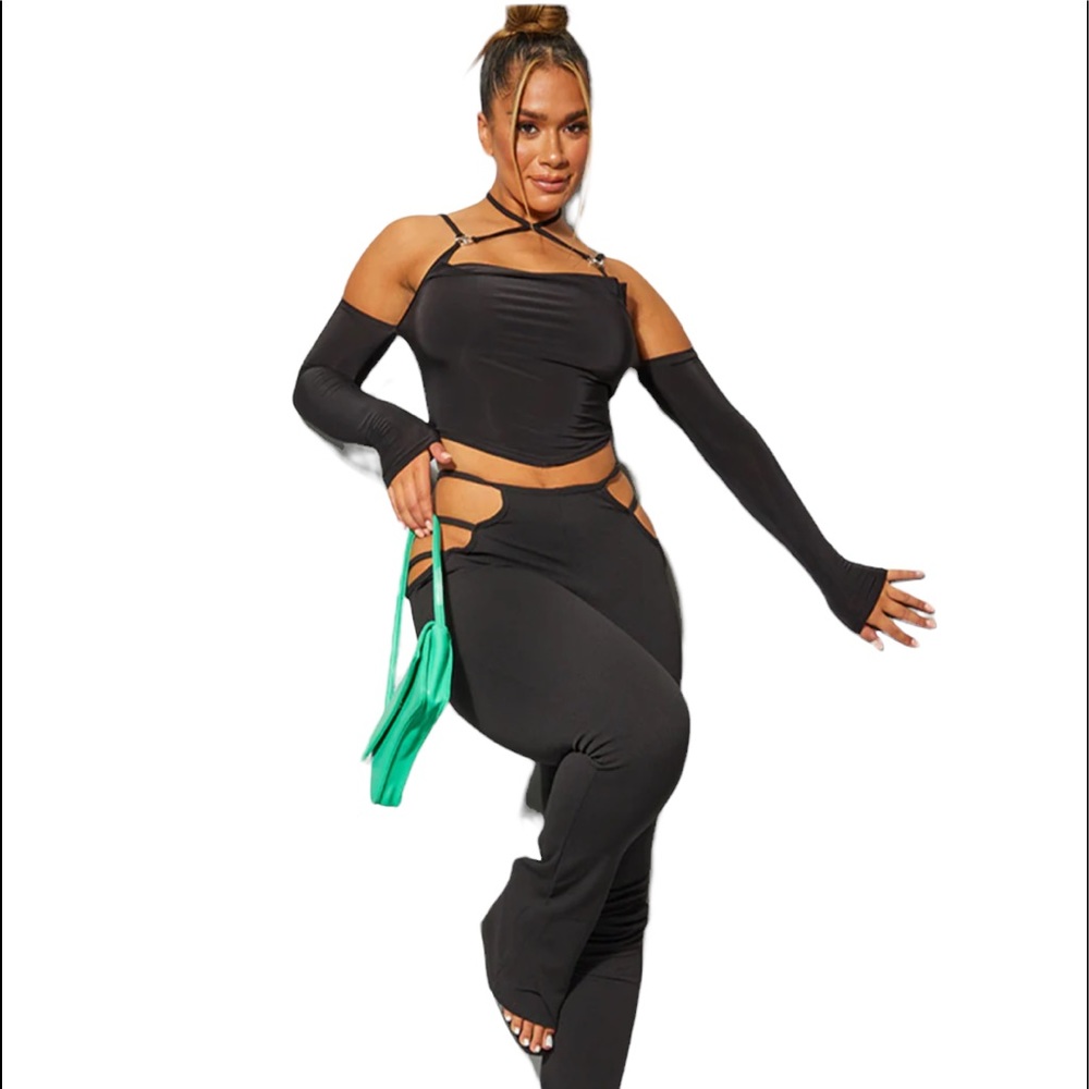 NWT PRETTYLITTLETHING Black Slinky Cowl Neck Branded Trim Crop Top Size 6